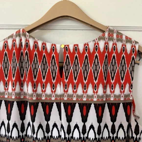 Calvin Klein Sleeveless Blouse Abstract Geometric Orange Tan Black White Ikat - Picture 7 of 13